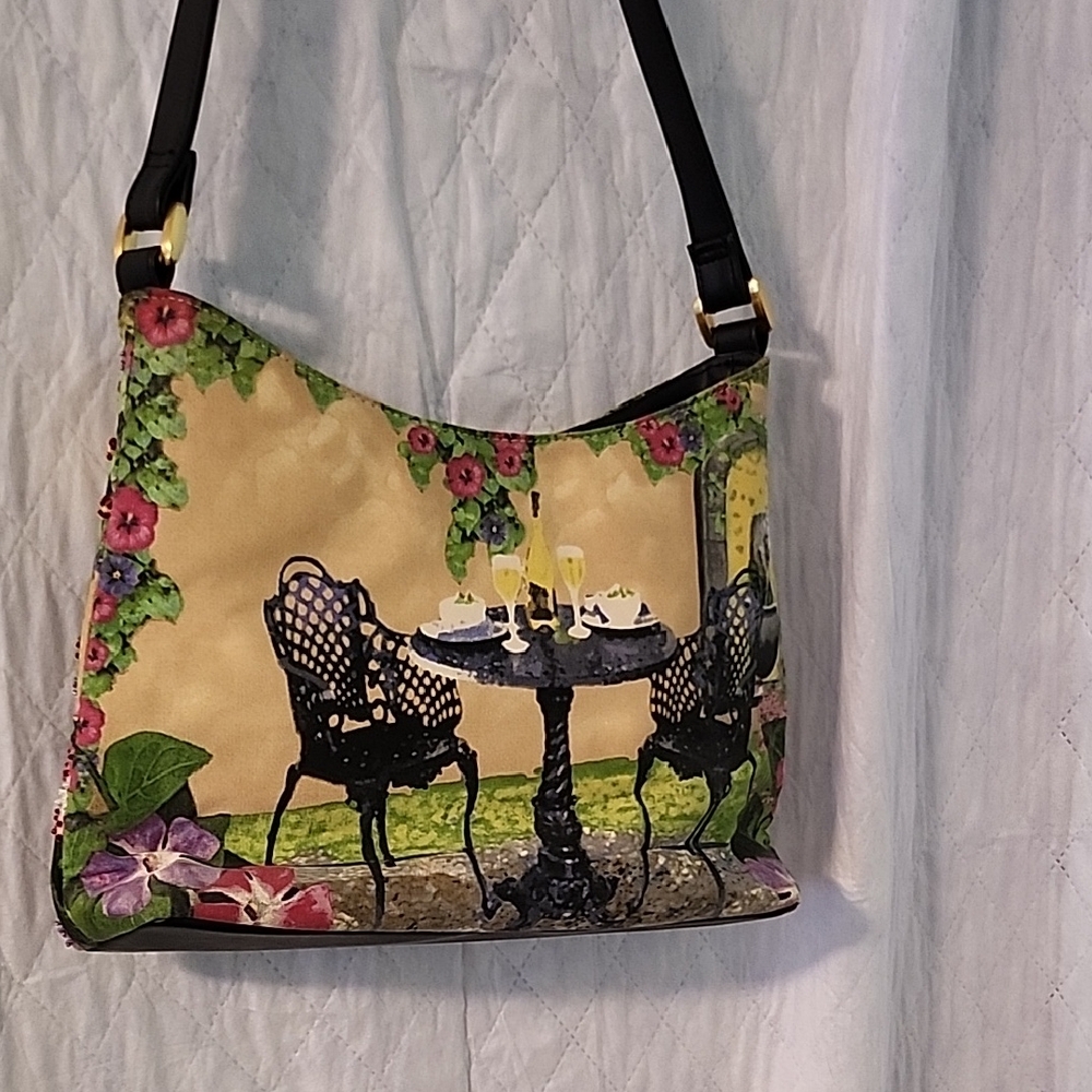 Bueno Floral Bistro Scene Shoulder Bag in Tan, Black, Green, Pink